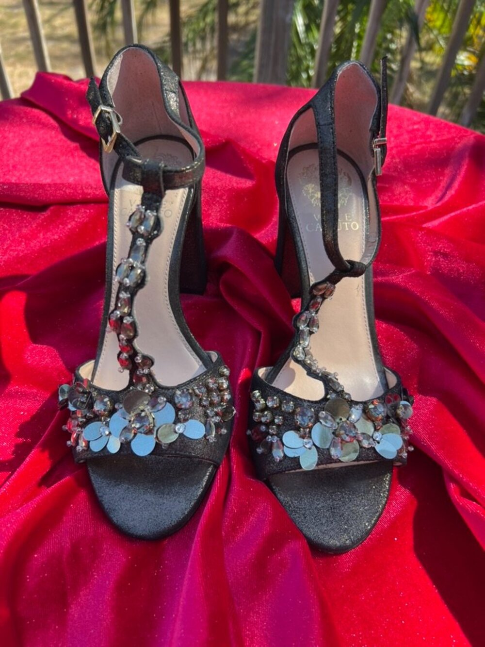 Vince Camuto Serafine Jeweled suede T-strap Heels Titanium  Dazzle 8M / 38